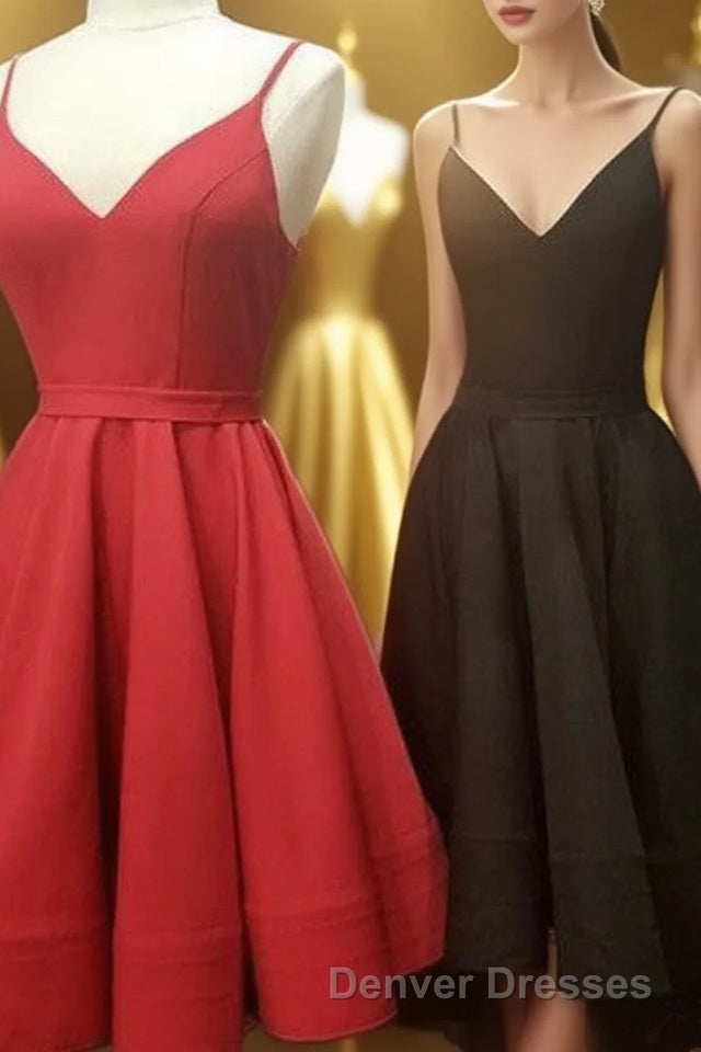 simple real picture red satin spaghetti straps short homecoming Dress graduation Dress Main image
