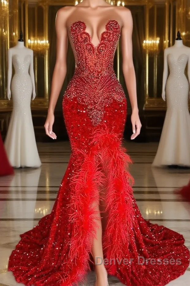 Mermaid Prom Dress with Sequins Sleeveless Split Beadings and Feather Embellishments Main image