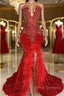 Red Sleeveless Sequins Mermaid Prom Dress with Front Slit Beadings and Feathers