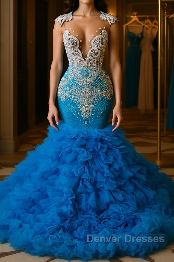Ocean Blue Mermaid Tulle Ruffle Prom Dress Long With Beadings