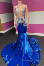 Royal Blue Halter Sleeveless Mermaid Prom Dress With Beadings Velvet
