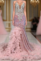 Pink Halter Mermaid Prom Dress with Sequins Beadings and Tulle Ruffle