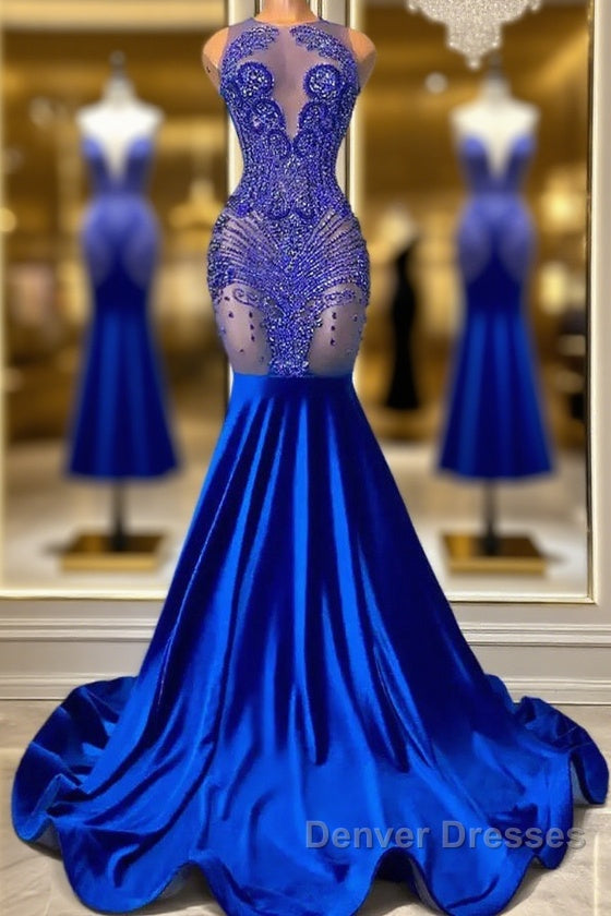 Sleeveless Royal Blue Scoop Neck Mermaid Prom Dress with Beadings Main image