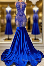 Sleeveless Royal Blue Scoop Neck Mermaid Prom Dress with Beadings