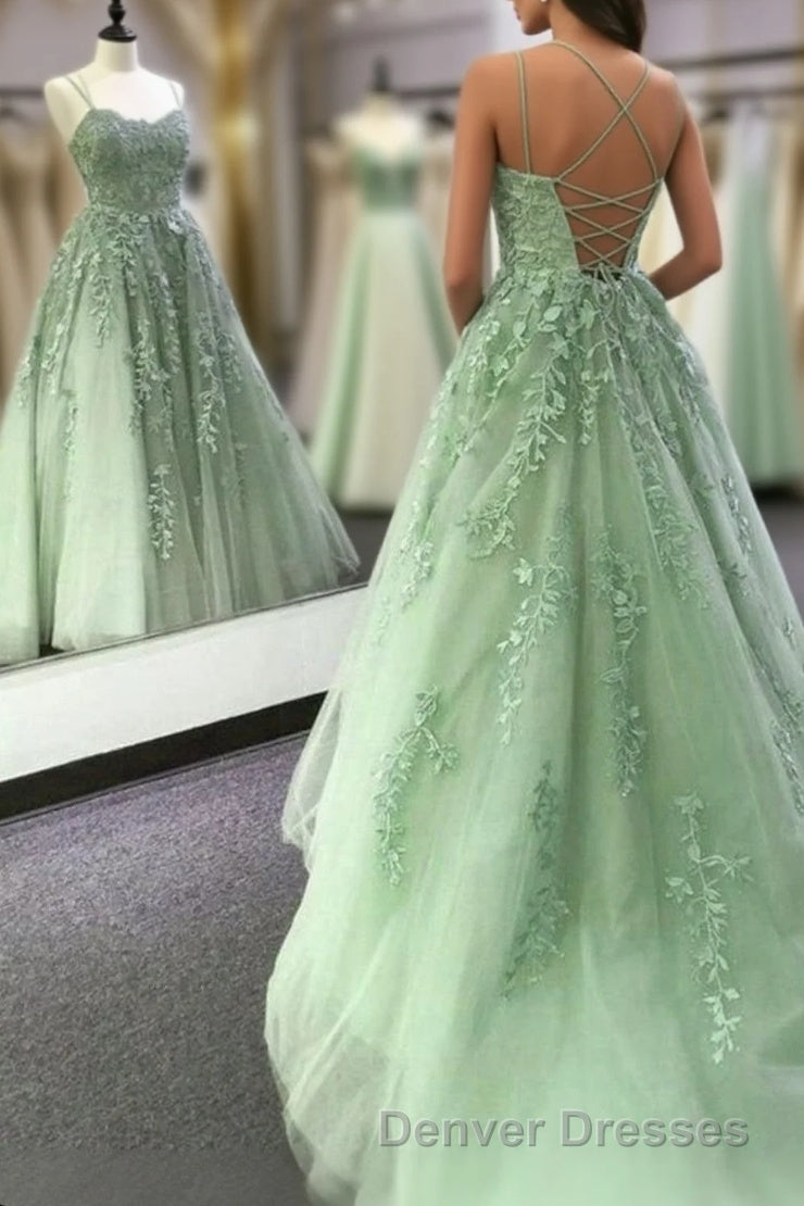 Sage Green Straps Tulle With Lace Train Long Prom Dress, Sage Green Party Dress Main image