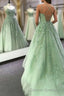Sage Green Straps Tulle With Lace Train Long Prom Dress, Sage Green Party Dress