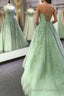 Sage Green Straps Tulle With Lace Train Long Prom Dress, Sage Green Party Dress