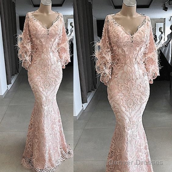 feather evening dresses long pink lace applique v neck modest elegant mermaid luxury evening gown Main image