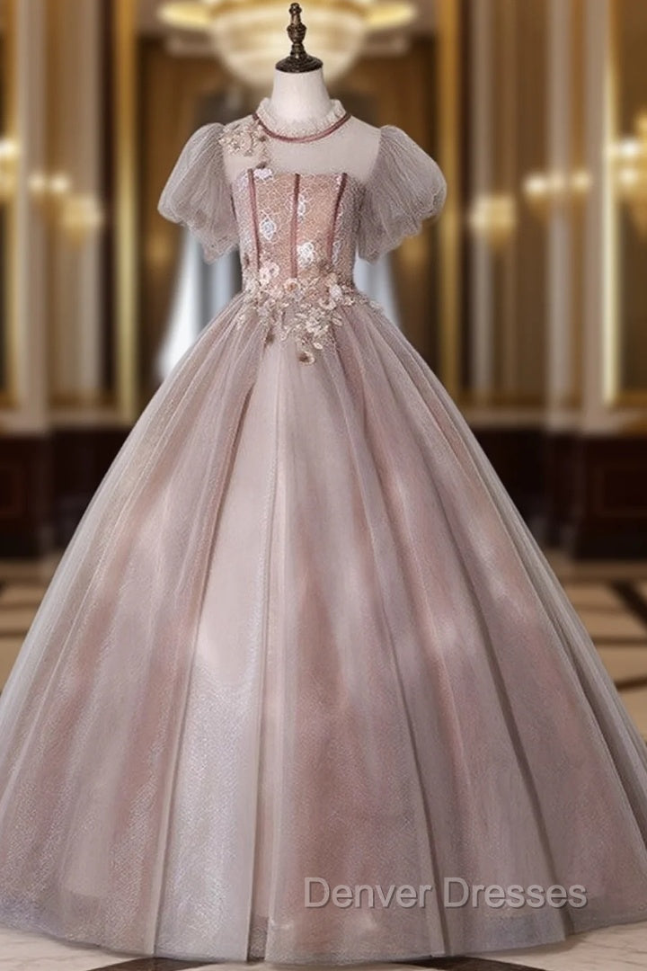 Camel Tulle Appliques Puff Sleeve Backless Quinceanera Dress Main image