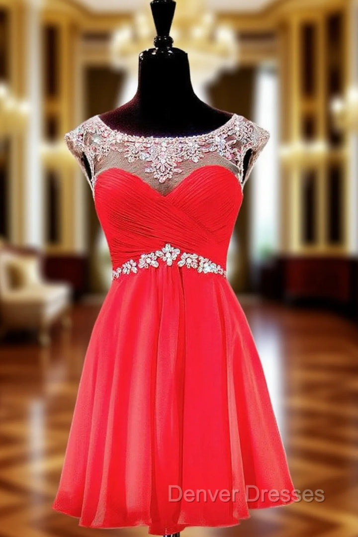 Cap Sleeve Beaded Crystals Backless Red Chiffon Homecoming Dress