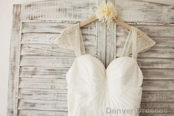 Cap Sleeve Floor Length Chiffon Pleated Wedding Dresses With Beading Secondary image