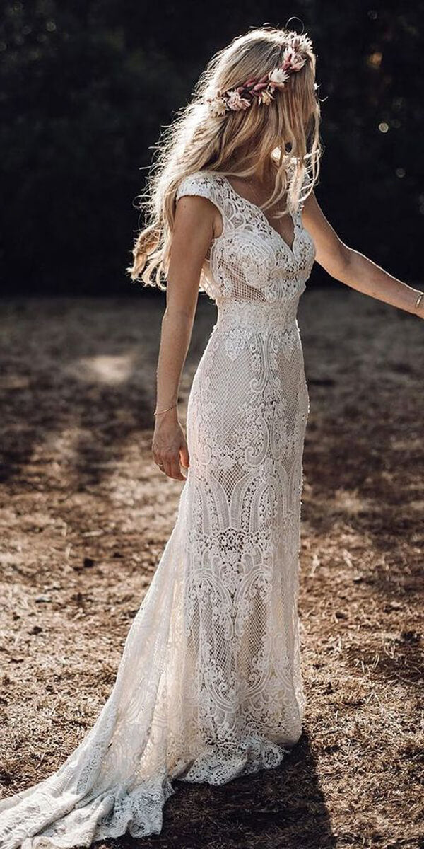 Cap Sleeve Sheath Boho Wedding Dress Vintage Lace Rustic Wedding Dress