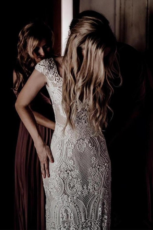 Cap Sleeve Sheath Boho Wedding Dress Vintage Lace Rustic Wedding Dress