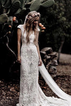 Cap Sleeve Sheath Boho Wedding Dress Vintage Lace Rustic Wedding Dress