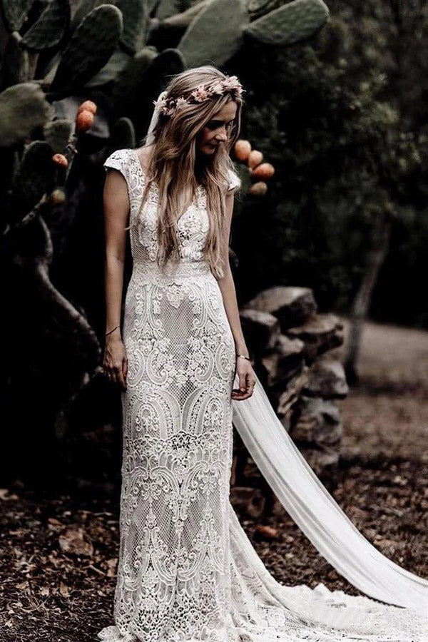 Cap Sleeve Sheath Boho Wedding Dress Vintage Lace Rustic Wedding Dress
