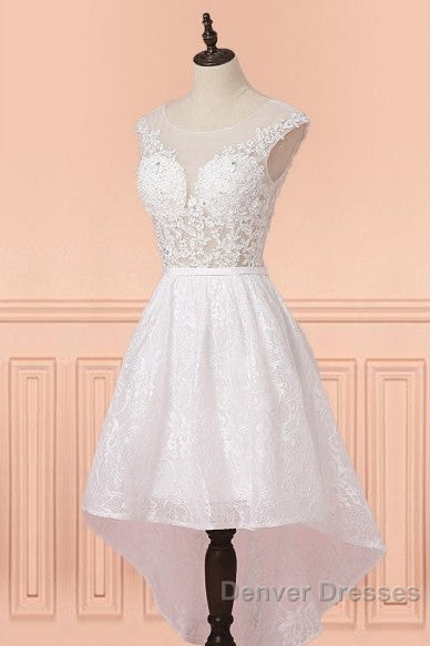 Cap Sleeves High Low White Lace Sheer Short Wedding Dress