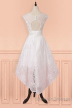 Cap Sleeves High Low White Lace Sheer Short Wedding Dress