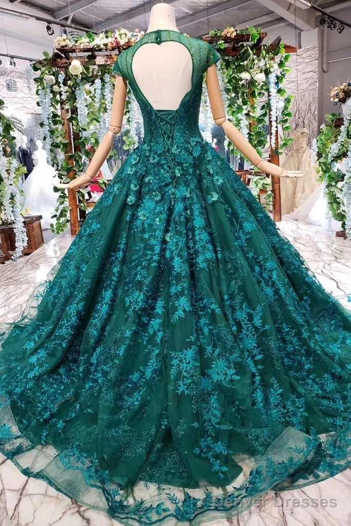 Cap Sleeves Round Neck Open Back Green Lace Prom Dress Secondary image