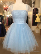 Cap Sleeves Short Beaded Prom Dresses, Short Blue White Yellow Graduation Homecoming Dresses