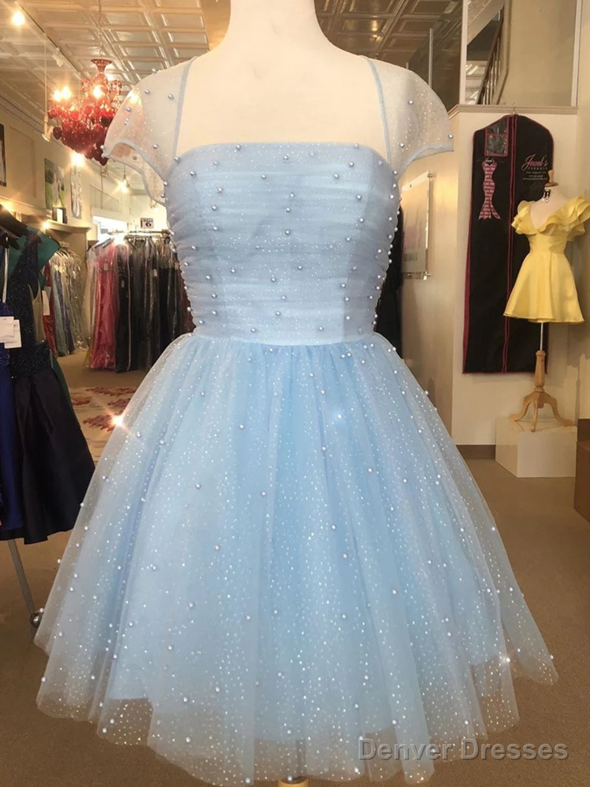 Cap Sleeves Short Beaded Prom Dresses, Short Blue White Yellow Graduation Homecoming Dresses