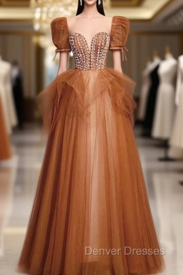 Caramel Tulle Puff Sleeve Beading Prom Dress