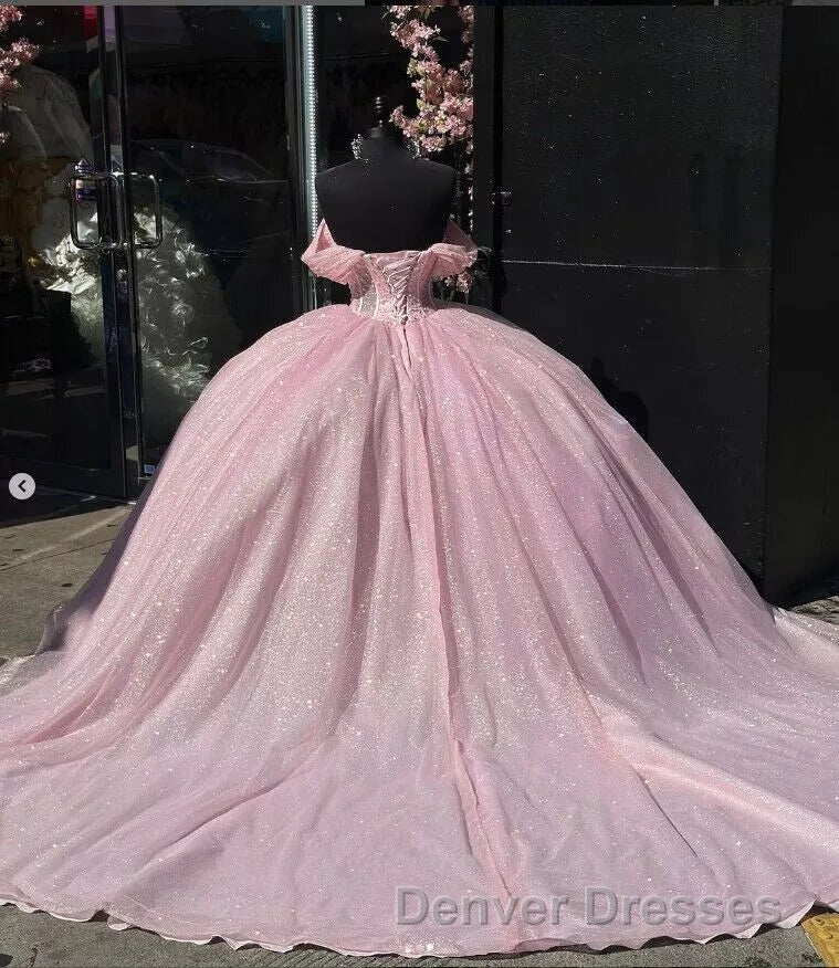 Carine | Glitter Off The Shoulder Pink Ball Gown Quinceanera Dress