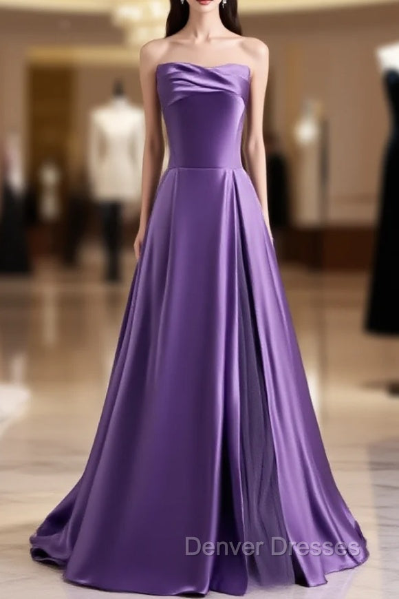 Causal Dark Purple Satin Strapless Prom Dress