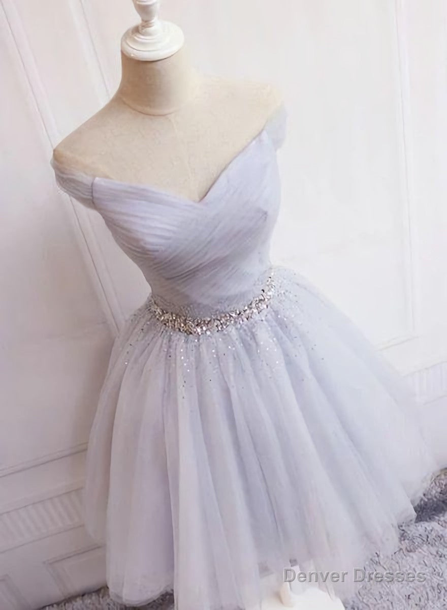 Charming Sliver Grey Short Beaded Tulle Party Dress, Homecoming Dress Main image