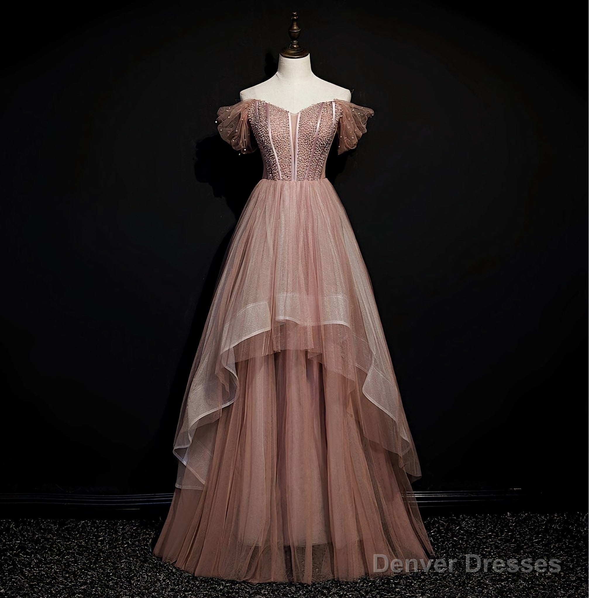 Dark Pink Tulle Beaded Layer Tulle Long Evening Dress, Charming Prom Dress Secondary image