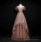 Dark Pink Tulle Beaded Layer Tulle Long Evening Dress, Charming Prom Dress