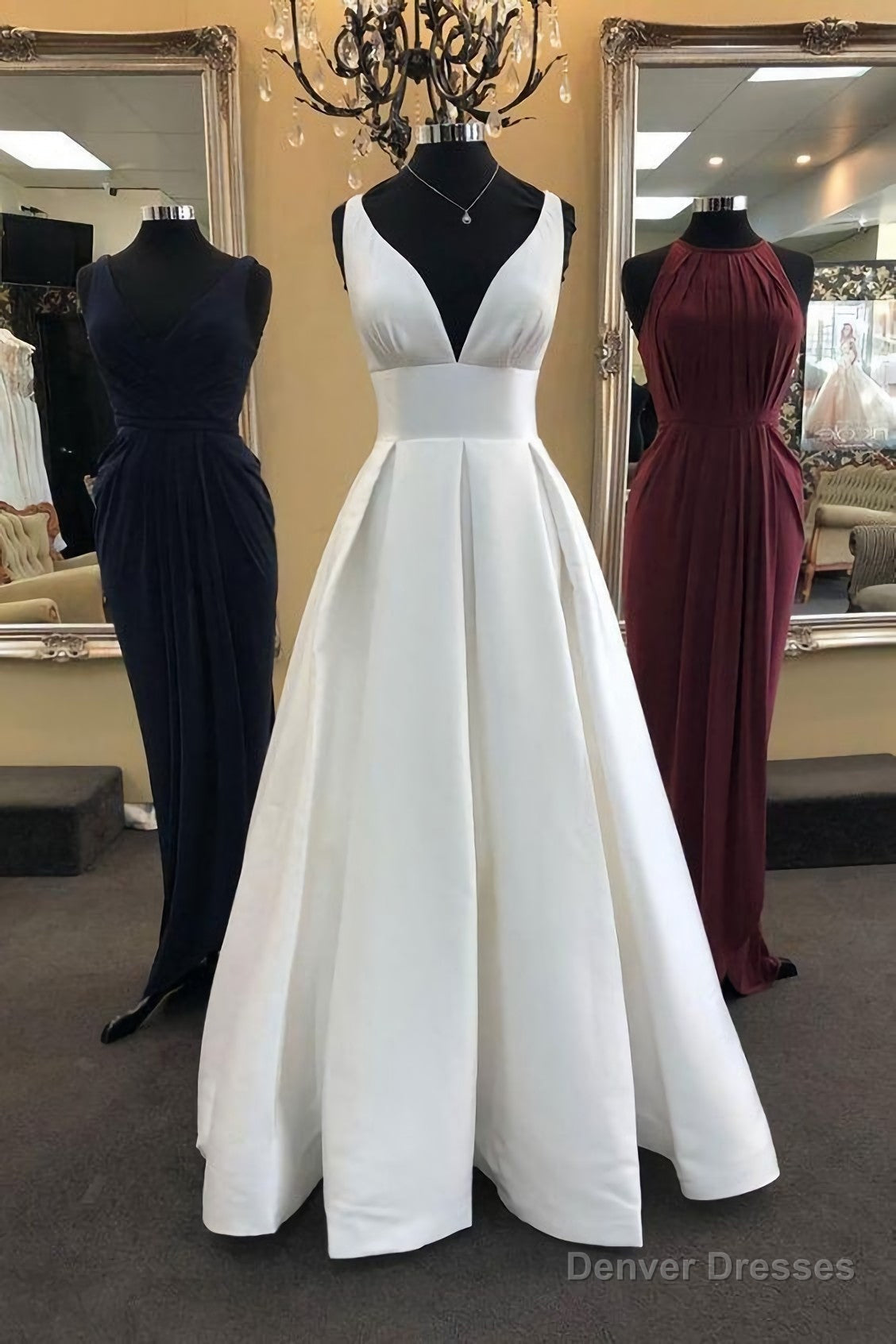 White V Neck Satin Long Prom Dress, White Evening