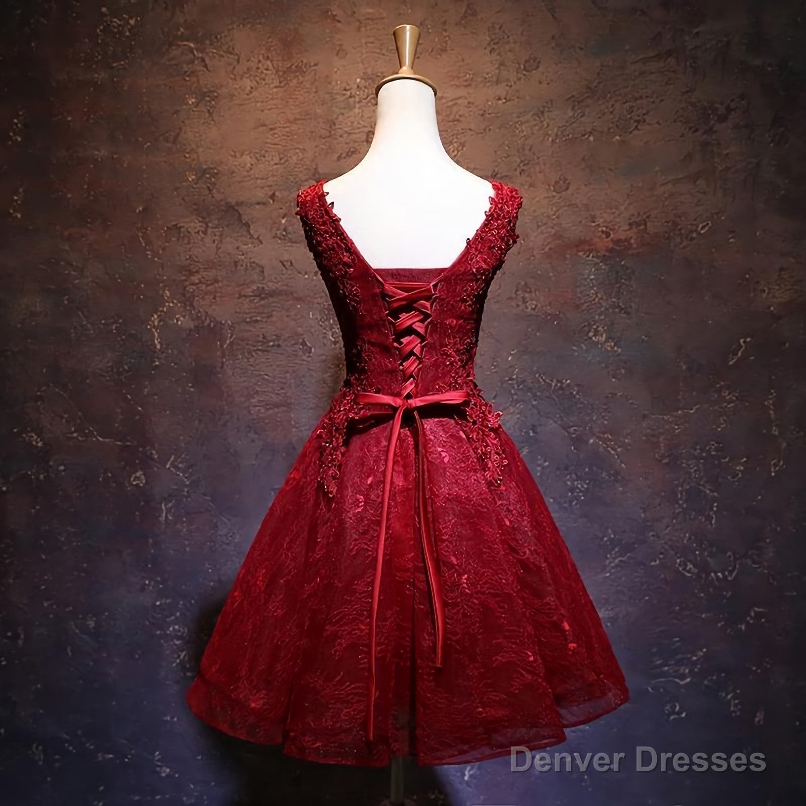 Wine Red Short Lace Cute Homecoming Dress, V Neckline Lace Up Teen Party Dress Secondary image