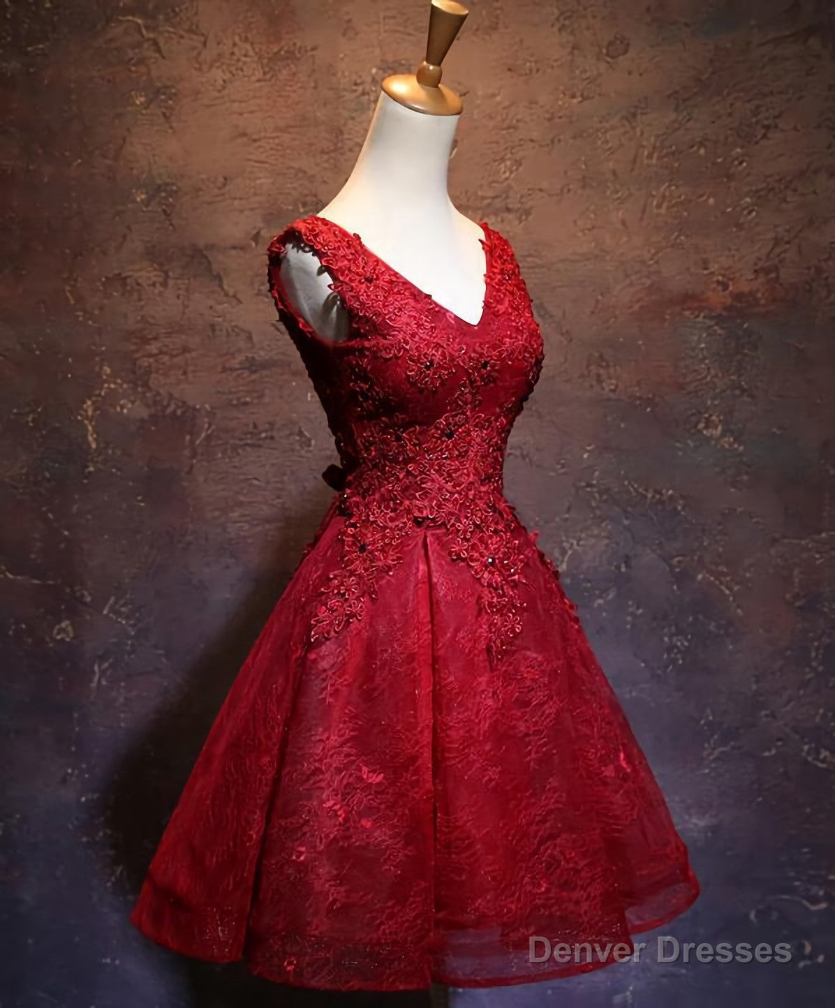 Wine Red Short Lace Cute Homecoming Dress, V Neckline Lace Up Teen Party Dress Main image