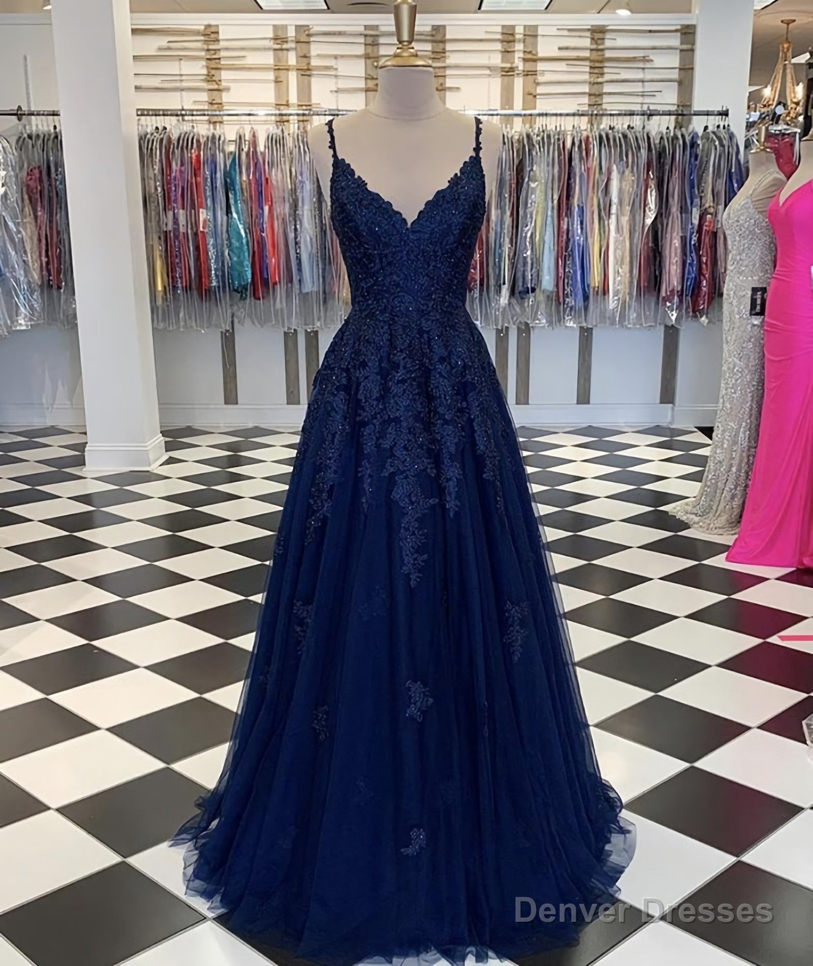 Blue V Neck Tulle Lace Long Prom Dress, Evening Dress Main image
