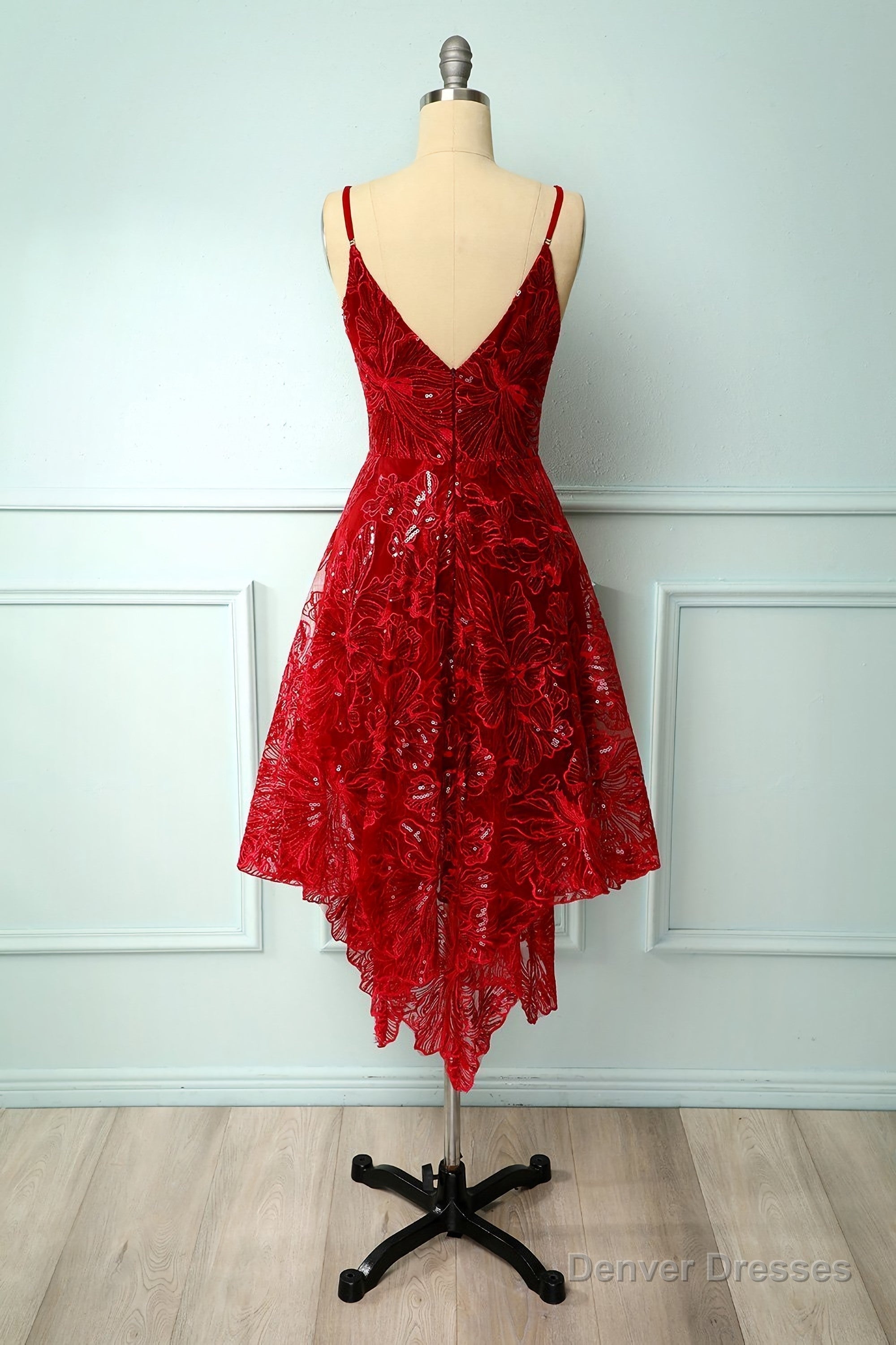 Burgundy V Neck Lace High Low Prom Dress, Lace Formal Dress Secondary image