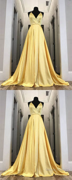 Long Yellow Prom Dresses, Leg Split Evening Gowns