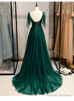 Elegant V Neckline Straps Tulle Long Junior Prom Dress, Green Prom Dress 2025