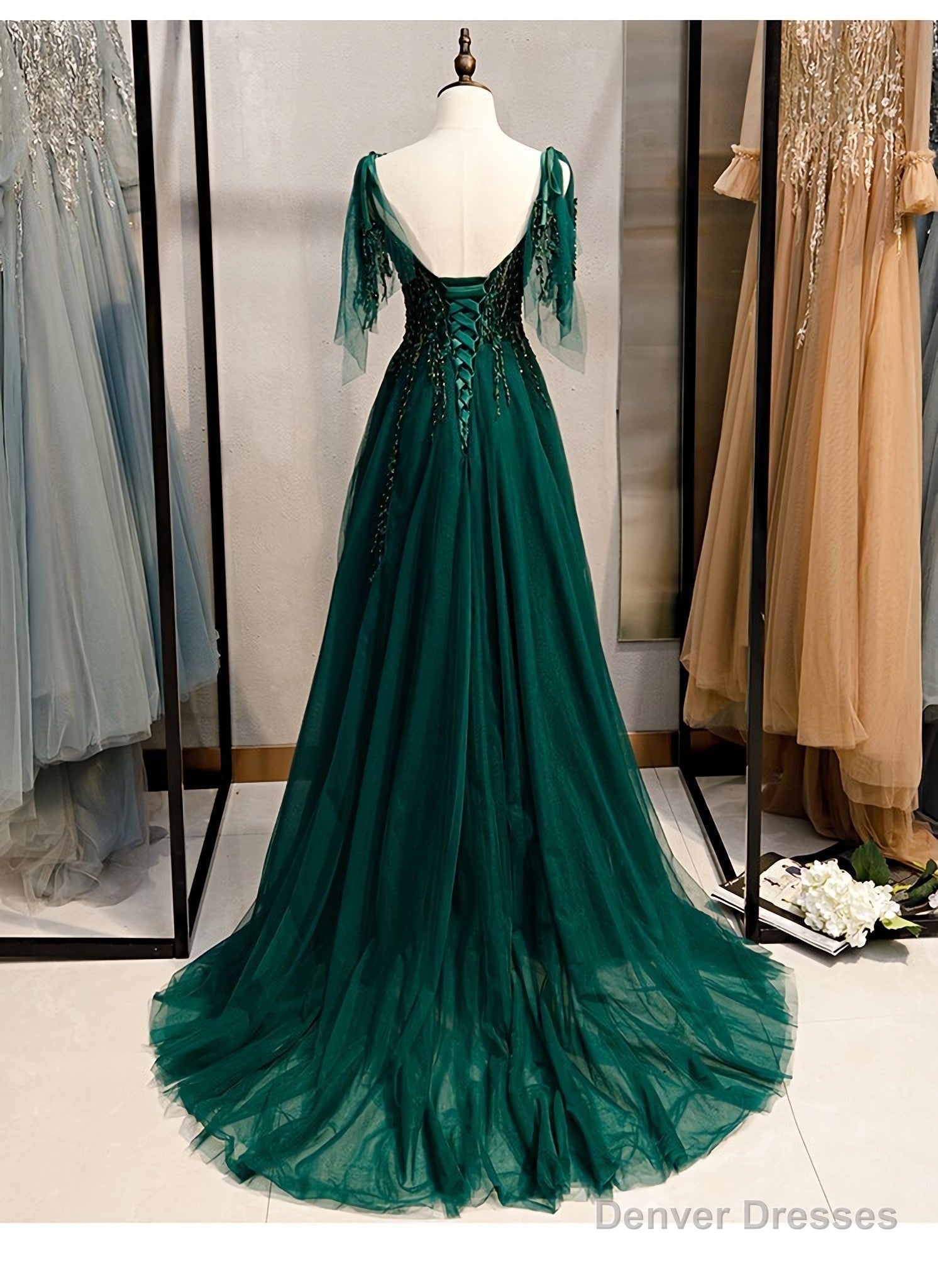 Elegant V Neckline Straps Tulle Long Junior Prom Dress, Green Prom Dress 2025