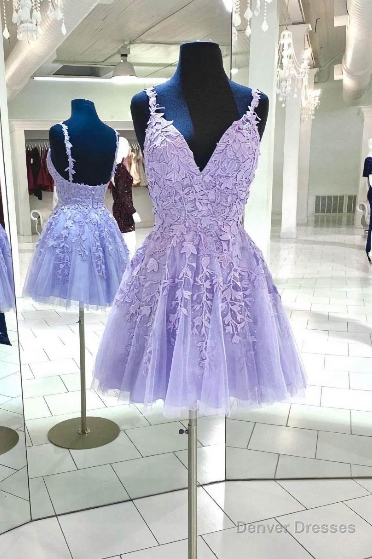 Purple V Neck Tulle Lace Short Homecoming Dress, Lace Cocktail Dress Main image