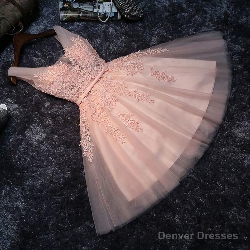 Princess Lace Appliqued Tulle Homecoming Dress, Blush Pink Short Bridesmaid Dresses, Short Homecoming Dress Secondary image