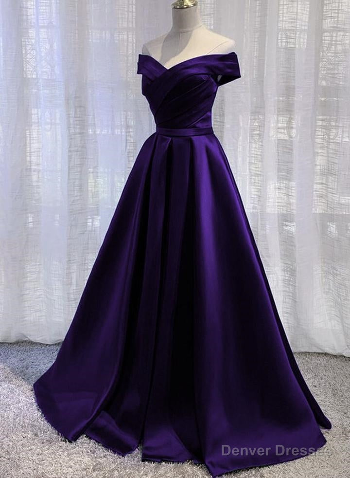 Simple Off Shoulder Satin Long Prom Dress, Dark Purple Party Dress Evening Gown Main image