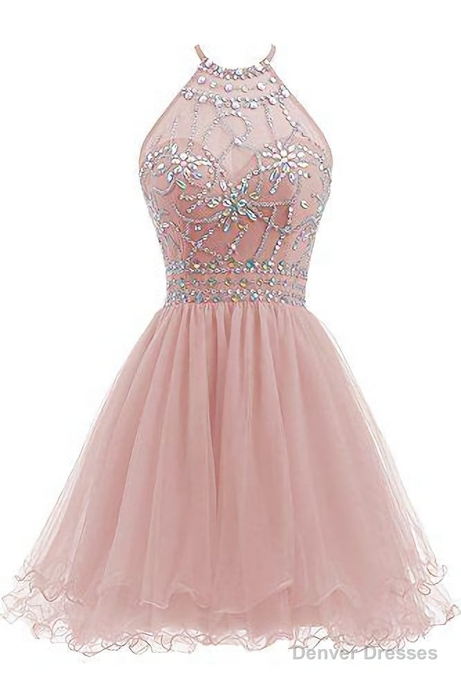 Beaded Halter Homecoming Dress, Short Tulle Dress Main image