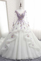 White Tulle Ruffles Long 3D Flower Lace Applique Prom Dress, Quinceanera Dress, With Sleeve