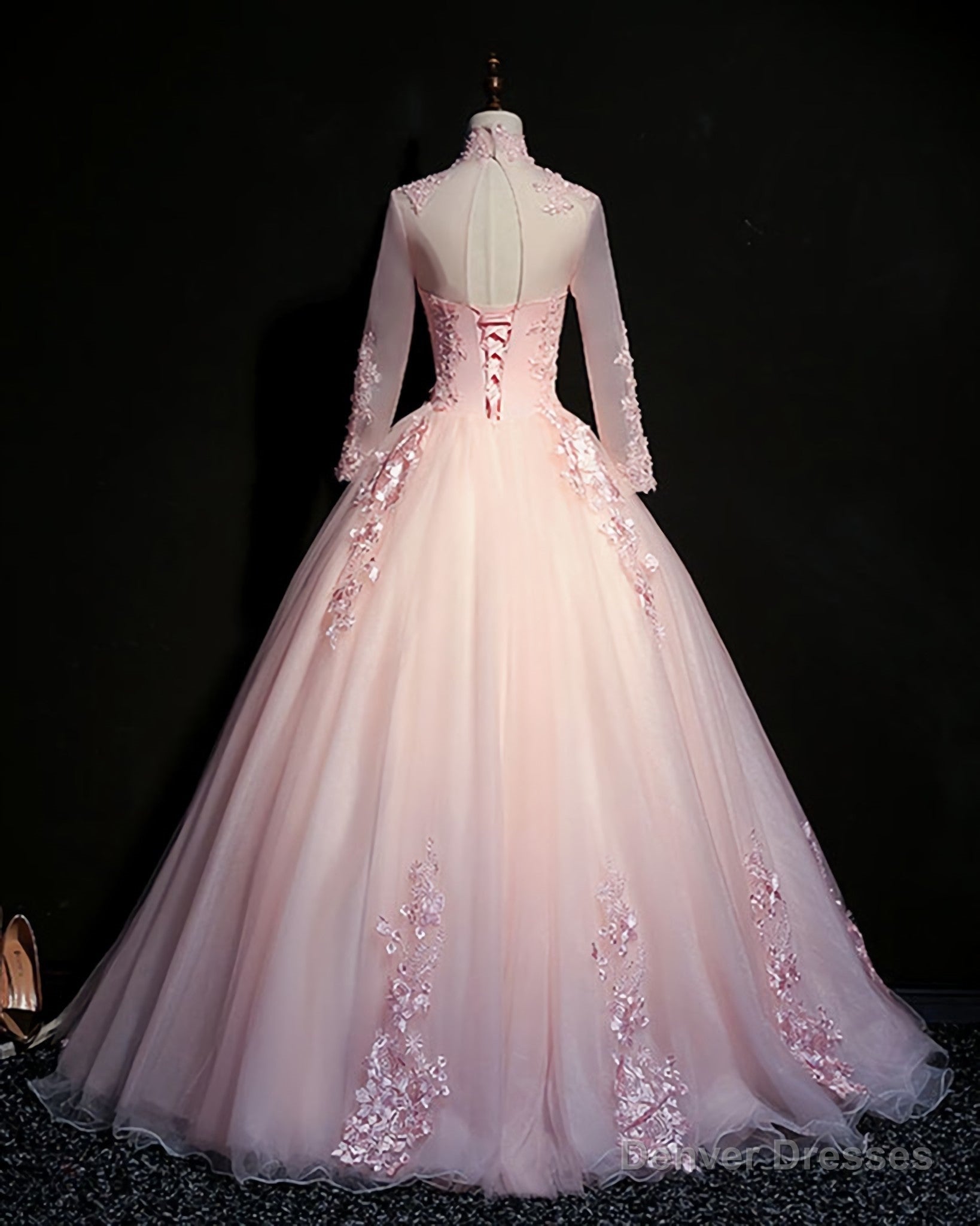 Pink Tulle Beaded Long Lace Applique Formal Prom Dress, Evening Dress, With Sleeve Secondary image