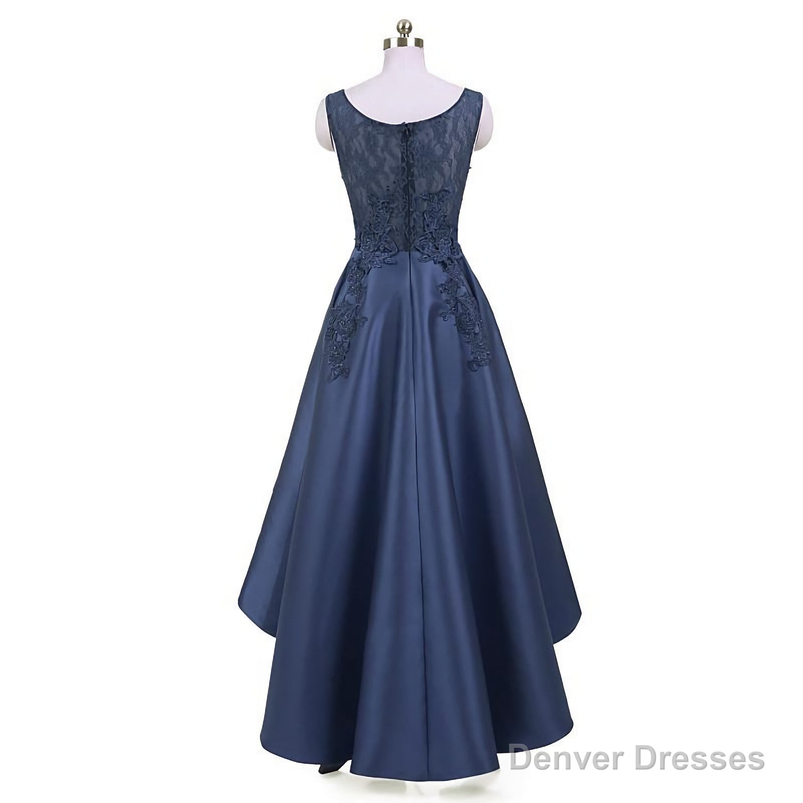 New Arrive Long Formal Prom Dress, Navy Blue Lace Beaded Wedding Party Dresses, High Low Bridesmaid Gowns Formal