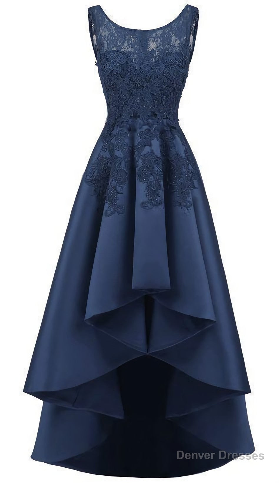 New Arrive Long Formal Prom Dress, Navy Blue Lace Beaded Wedding Party Dresses, High Low Bridesmaid Gowns Formal Secondary image