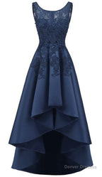 New Arrive Long Formal Prom Dress, Navy Blue Lace Beaded Wedding Party Dresses, High Low Bridesmaid Gowns Formal