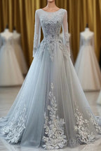 Grey Long Sleeves V Neckline Tulle Prom Dress, A Line Floor Length Party Dress