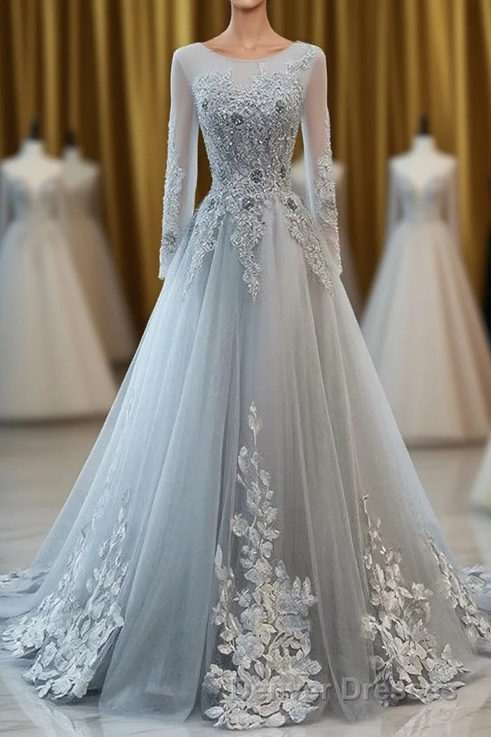 Grey Long Sleeves V Neckline Tulle Prom Dress, A Line Floor Length Party Dress