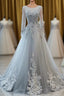 Grey Long Sleeves V Neckline Tulle Prom Dress, A Line Floor Length Party Dress